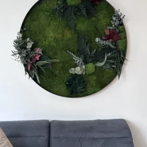 Rundes Moosbild mit Farnen und Pflanzen an einer weißen Wand über einem grauen Sofa mit Kissen.
