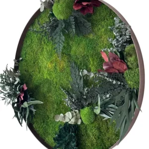 Rundes Moosbild mit Farnen, Eukalyptus und konservierten Pflanzen in einem kreisförmigen Holzrahmen.