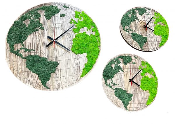 Machove drevené nástenné hodiny mapa sveta s lishajnikom