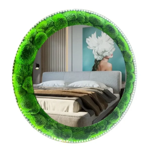 Okrúhle zrkadlo do kúpeľne s LED osvetlením a machom