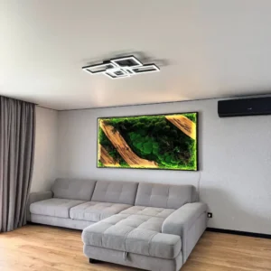 Nástenný obraz s machom, drevenými akcentmi a rastlinami – Moderný LED obraz na stenu