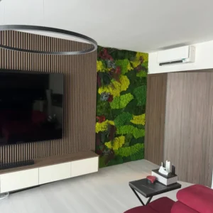 Modernes Wohnzimmer mit integrierter Mooswand in verschiedenen Farben