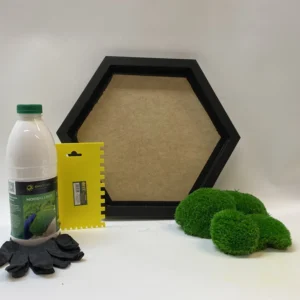 DIY-Sada pre machový obraz s hexagónovým rámom, guľatým machom, lepidlom, špachtľou a rukavicami.