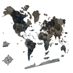 3D mapa sveta z dreva, Black & Grey Edition, viacvrstvový dizajn s kompasom a loďou (150-200 cm).