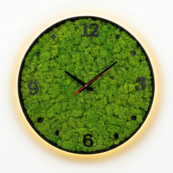 Moos-Wanduhr_mit_LED-_Islandmoos-Design_result Nástenné hodiny s machom a LED podsvietením — Dizajn z islandského machu